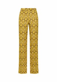 Pantaloni gialli con un motivo geometrico di esagoni alternati a ovali in marrone e crema. Design a gamba dritta con una texture liscia.