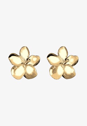 Goldene blumenförmige Ohrringe mit fünf Blütenblättern. Glatte, polierte Oberfläche mit reflektierendem Finish, geeignet für verschiedene Anlässe.
