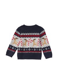 Granatowy sweter dzianinowy z wzorem renifera i laskami cukrowymi w odcieniach beżowym, czerwonym i białym, z okrągłym dekoltem i długimi rękawami.