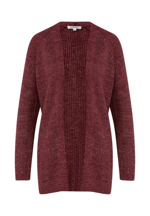 Bordeaux gebreide cardigan met open voorkant, geribbelde textuur, lange mouwen en een relaxed fit. Zachte stof met een lichte glans.