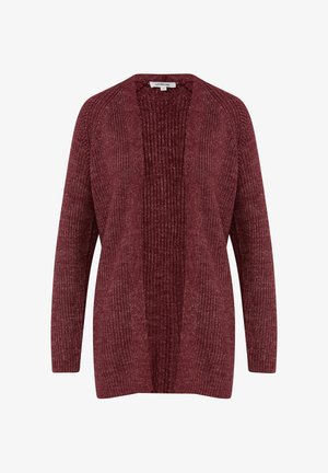 Cardigan in magenta a maglia con apertura frontale, texture a costine, maniche lunghe e vestibilità comoda. Tessuto morbido con leggero lucido.