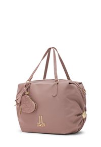 Borsa a mano in pelle rosa con doppi manici, chiusura a zip e dettagli in metallo color oro. Comprende una pochette rimovibile a forma di cuore con motivo trapuntato.