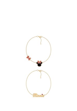 Due braccialetti con catena in oro, uno con la testa di Minnie Mouse e fiocchi rossi a pois, l’altro con la scritta "Minnie" e un dettaglio con gemma rossa.