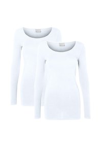 Zwei langärmelige Oberteile aus weichem weißen Stoff, mit einem Rundhalsausschnitt und slim fit Design. Keine sichtbaren Muster oder Akzente.