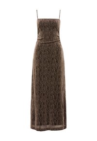 Robe brune mi-longue, faite d'un tissu texturé avec des raies verticales. Elle présente des bretelles fines et un corsage ajusté avec un léger détail à la taille.