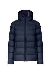 Navyblauwe gewatteerde jas met capuchon, met horizontale gestikte secties, een voorrits en twee zijzakken. Rode accenten op de capuchon.