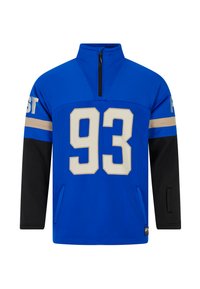 Blauwe half-zip trui met zwarte mouwen; heeft meshstof, een groot crèmekleurig nummer "93," en een zijzak. Accenten zijn onder andere tan strepen en een logo.