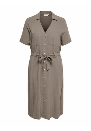 Taupe knælængde kjole med korte ærmer, knapper foran, to brystlommer og et bindebælte i taljen.