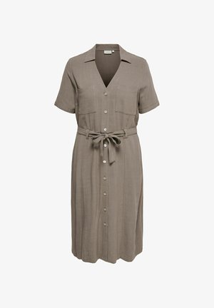 Taupe knælængde kjole med korte ærmer, knapper foran, to brystlommer og et bindebælte i taljen.