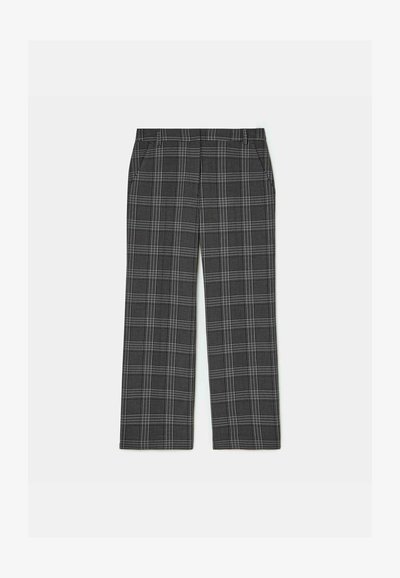 Pantaloni a quadri neri e grigi con taglio dritto, dotati di una vita e due tasche laterali, realizzati in un tessuto testurizzato.