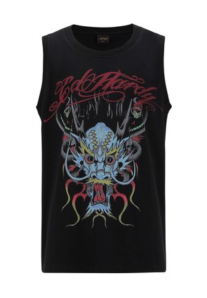 Zwart mouwloos katoenen shirt met een drakenafbeelding in blauw, rood en groen, met decoratieve tekst boven het ontwerp.