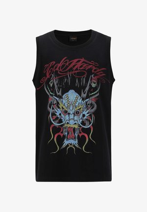 Zwart mouwloos katoenen shirt met een drakenafbeelding in blauw, rood en groen, met decoratieve tekst boven het ontwerp.