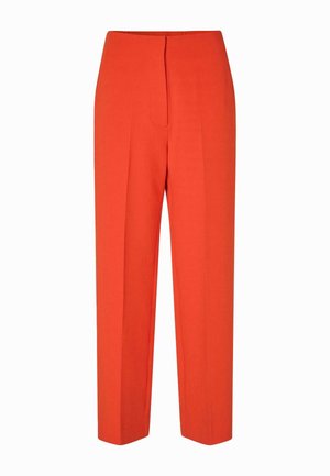 Heldere oranje op maat gemaakte broeken met een hoge taille en een voorplooi. Gemaakt van een soepel materiaal, met een ontspannen recht model.