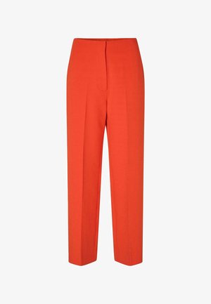 Pantaloni su misura arancioni accesi con vita alta e piega frontale. Realizzati in un tessuto liscio, presentano un design a gamba dritta rilassata.