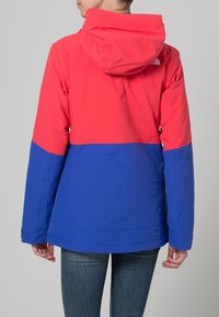 Giacca a blocchi di colore con una parte superiore rosa brillante e una parte inferiore blu. Il tessuto appare liscio, con un cappuccio e un dettaglio logo sul retro.