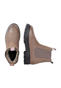 Brązowe skórzane botki za kostkę z elastycznymi panelami bocznymi, krótkimi uchwytami oraz teksturowanymi gumowymi podeszwami, z miękką podszewką wewnętrzną.