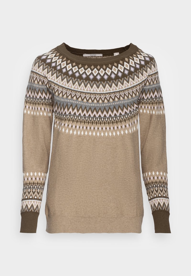 Pull beige à manches longues avec des motifs géométriques en losanges et zigzags marron, blanc et gris sur la poitrine et les manches.