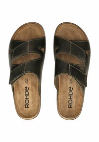 Černé kožené sandály s křížovým designem a výřezovými sekcemi. Měkká béžová stélka. Vytlačené logo "ROHDE ECHT LEIDER".
