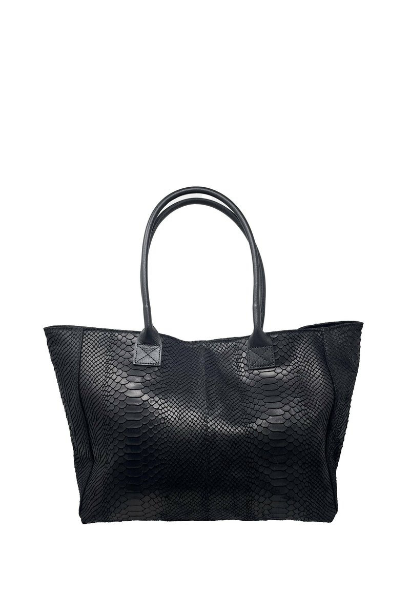 Borsa tote nera con una texture a motivo rettile. Presenta due manici arrotondati e un design strutturato. Realizzata in materiale in ecopelle.