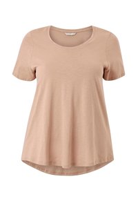 T-shirt rosa chiaro a maniche corte con scollatura a barca e vestibilità rilassata. Realizzato in tessuto morbido e liscio, con orlo leggermente curvato.