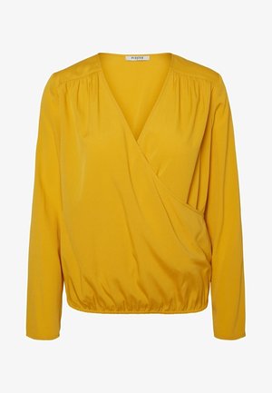 Blusa amarilla envolvente con mangas largas, confeccionada en un tejido suave. Presenta una cintura ajustada y un escote en forma de V profundo.