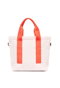 Canvas totebag i lys rosa med kontrastfarvede orange håndtag, firkantet form, logoaccent og syede detaljer på siden.