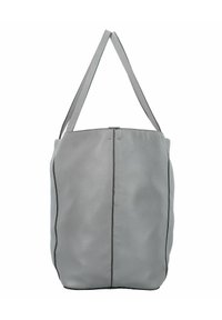 Grijze leren tote bag met twee schouderbanden, een gladde textuur, verticale naden en subtiele zwarte accenten langs de randen.