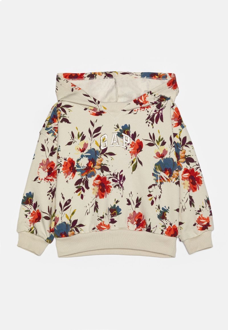 Sweat à capuche beige avec imprimé floral rouge, bleu et violet, poignets et ourlet côtelés, et logo "GAP" blanc brodé sur la poitrine.