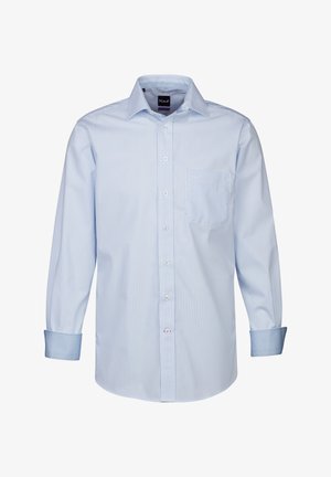 Camicia blu chiaro con bottoni, a righe verticali bianche, maniche lunghe, taschino sul petto e polsini con motivo blu a contrasto.