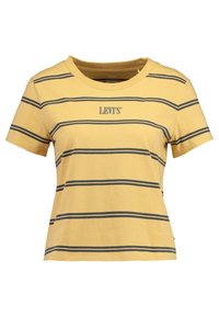 Žluté tričko s krátkým rukávem a tmavě šedými vodorovnými pruhy. Má kulatý výstřih a na přední straně je vytištěno logo "Levi's". Měkký bavlněný materiál.
