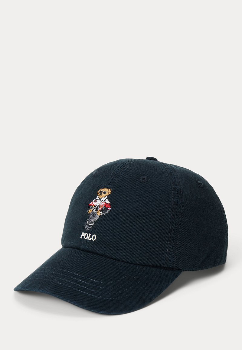 Black baseball cap with embroidered bear wearing a jacket and the word Polo stitched below the bear on the front panel.