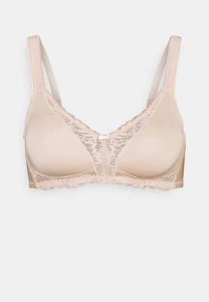Sostén beige con una tela suave y detalles de encaje en las copas y bordes ondulados, tirantes ajustables y un cierre central.