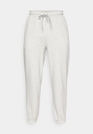 Light gray sweatpants with an elastic waistband, drawstring, and tapered cuffs. Made of soft, textured fabric. No visible patterns.