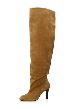 Tan suede knee-high boot with a pointed toe and a slender high heel.