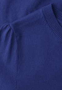Pull en tricot bleu avec un col rond côtelé et un léger détail bouffant à la couture de l'épaule.