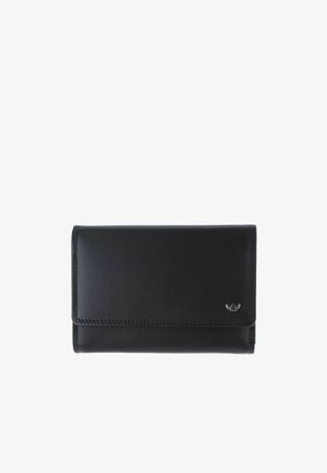 Portefeuille rectangulaire en cuir noir avec fermeture à rabat et petit logo embossé argenté en bas à droite sur fond blanc.