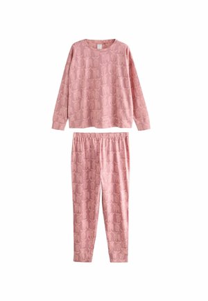 Mjukt rosa långärmad topp och byxor med elastisk midja, med en subtil texturerad mönster av lamor, designad för komfort och avslappnad stil.