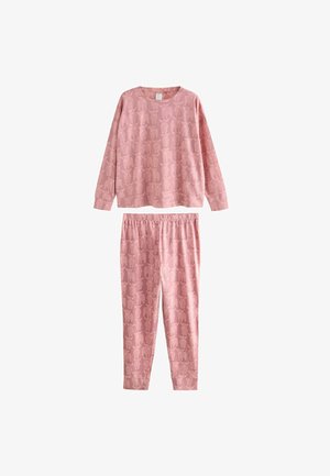 Lichtroze top met lange mouwen en een set met elastische taillebroeken, voorzien van een subtiel gemêleerd lama patroon, ontworpen voor comfort en casual gebruik.