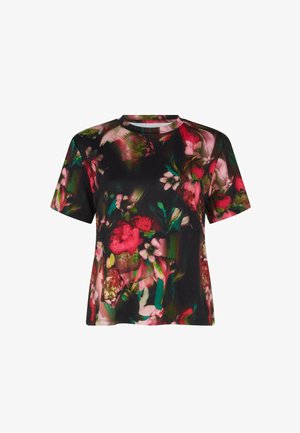 Czarna bluzka z krótkim rękawem z kolorowym kwiatowym nadrukiem w odcieniach czerwieni, zieleni i różu. Gładka faktura z okrągłym dekoltem.