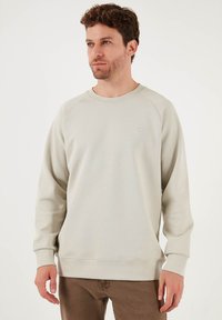 Felpa grigia chiara con maniche lunghe, collo rotondo e polsini a costine. Presenta un piccolo logo discreto sul petto. Tessuto morbido.