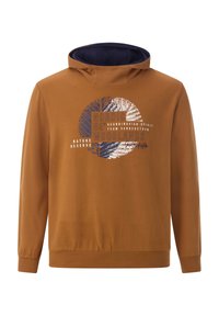 Braunes Sweatshirt mit einer marineblauen Kapuze, versehen mit einem grafischen Druck in Blau und Weiß, der Text und Blattmuster zeigt. Lange Ärmel und gerippter Saum.
