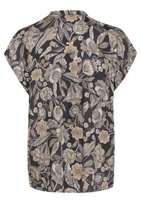 Gėlių rašto bluzonė su trumpomis rankovėmis, tamsiu fonu, šviesiomis gėlėmis ir lapais, laisvo silueto ir apvaliu kraštu. Lengvas audinys.