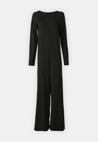 Mono negro hecho de un material suave y elástico. Presenta mangas largas, un escote barco y un diseño de pierna ancha con un detalle de costura en el frente.