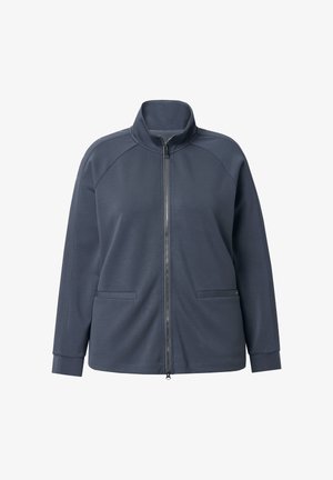 Chaqueta gris oscuro con cremallera completa, cuello alto, mangas largas y dos bolsillos delanteros, mostrada sobre un fondo blanco.