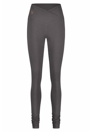 Graue Leggings mit einem überkreuzten Taillendesign, aus weichem Stoff gefertigt. Verfügt über ein dezentes goldenes Logo auf der Vorderseite. Glatte, taillierte Silhouette.