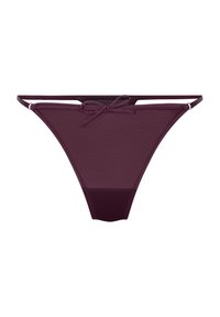 Bas de bikini bordeaux, fines bretelles réglables, coupe classique échancrée. Texture lisse avec un panneau avant semi-transparent et un dos uni.