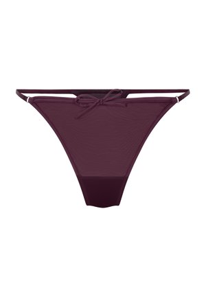 Bordeauxkleurige bikinionderkant, dunne verstelbare bandjes, klassieke stringsnit. Gladde textuur met een semi-doorschijnend voorpaneel en een effen achterkant.
