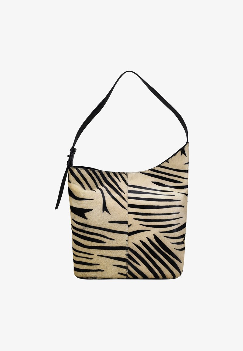 Bolso de cuero marrón claro con un patrón de rayas de tigre negro. Cuenta con una sola correa de hombro negra y una textura lisa y suave. Cierre de cremallera en la parte superior.