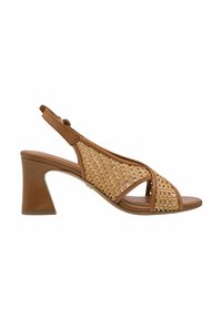 Riemchen-Sandaletten mit Absatz aus braunem Leder und geflochtenem beigem Material, mit offenem Zehenbereich und Blockabsatz.