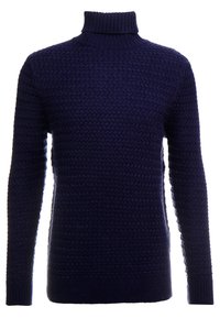 Granatowy sweter z dzianiny z wysokim kołnierzem, z teksturowanym wzorem i ściągaczami. Długie rękawy, dopasowany krój i miękki materiał.